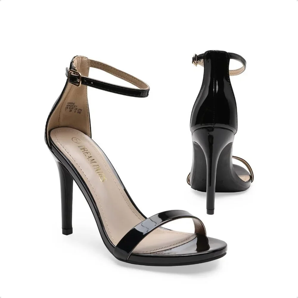 Women's Black-Pat Flower Ankle Strap Stiletto Round Open Toe Stylish Heel Shoe